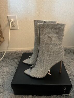 Steve Madden Silver Crystal Pointed-Toe Stiletto Booties
